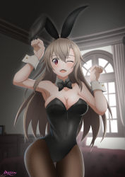 Rule 34 | 1girl, absurdres, animal ears, armpits, bare shoulders, breasts, brown hair, cleavage, eydis (sao), fake animal ears, highres, large breasts, leotard, long hair, looking at viewer, mysteryctu, one eye closed, open mouth, pantyhose, playboy bunny, rabbit ears, red eyes, smile, solo, sword art online, sword art online: alicization