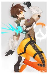 Rule 34 | 1girl, absurdres, amanda evelyn earl, artist name, ass, bodysuit, brown hair, goggles, highres, huge filesize, looking at viewer, looking back, overwatch, overwatch 1, pants, parted lips, short hair, signature, smile, solo, spray paint, tight clothes, tight pants, tracer (overwatch), union jack