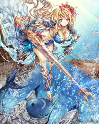 Rule 34 | 1girl, bikini, blonde hair, blue eyes, breasts, company name, dolphin, eikou no guardian battle, flower, gradient background, hair flower, hair ornament, highres, lance, large breasts, long hair, madogawa, official art, polearm, ringlets, smile, solo, swimsuit, water, weapon