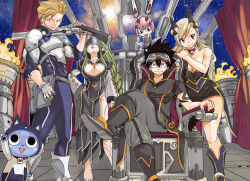 Rule 34 | 2boys, 2girls, android, animal ears, black hair, blonde hair, blue eyes, breasts, cat, cat ears, chair, cleaned, cleavage, cleavage cutout, clothing cutout, eden&#039;s zero, fire, fire, goggles, goggles on head, green hair, gun, happy (eden&#039;s zero), heart, helmet, highres, large breasts, long hair, looking at viewer, mashima hiro, multiple boys, multiple girls, official art, pino (eden&#039;s zero), rebecca bluegarden, robot, shiki granbell, shotgun, sitting, space, standing, tagme, throne, weapon, weisz steiner, witch (eden&#039;s zero)