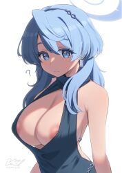 Rule 34 | 1girl, ?, ako (blue archive), ako (dress) (blue archive), backless dress, backless outfit, bare shoulders, blue archive, blue dress, blue eyes, blue hair, blush, breasts, cleavage, commentary request, dress, earrings, hair between eyes, hairband, halo, highres, jewelry, large breasts, looking at viewer, medium hair, nipple slip, nipples, plunging neckline, sideboob, solo, yamagara tasuku