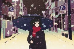 Rule 34 | 1girl, :d, amemori sayo, black coat, black eyes, black hair, building, coat, garage, highres, holding, holding umbrella, lamppost, long sleeves, looking at viewer, night, nijisanji, nkymyura, open mouth, outdoors, postbox (outgoing mail), red scarf, road, scarf, short hair, sidelocks, sign, smile, snow, snowing, solo, street, umbrella, upper body, utility pole, winter, winter clothes