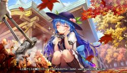 Rule 34 | 1girl, 1other, ^ ^, apron, autumn leaves, black headwear, bloomers, blue hair, blue skirt, boots, brown footwear, closed eyes, collared shirt, commentary request, copyright notice, cross-laced footwear, eating, food, frilled skirt, frills, happy, hinanawi tenshi, leaf, legs, long hair, maple leaf, neck ribbon, official art, peach hat ornament, puffy short sleeves, puffy sleeves, red ribbon, ribbon, shirt, short sleeves, skirt, smile, squatting, sweet potato, tongue, tongue out, touhou, touhou danmaku kagura, translation request, underwear, very long hair, waist apron, white apron, white bloomers, white shirt, yukimichi (nieko)