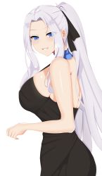 Rule 34 | 1girl, absurdres, azur lane, bare shoulders, black dress, black ribbon, blue eyes, blush, breasts, dress, hair ribbon, highres, large breasts, long hair, looking at viewer, open mouth, parted bangs, ribbon, sidelocks, silver hair, simple background, skindentation, smile, solo, tastysalt, very long hair, white background, yorktown (azur lane), yorktown (evening i can&#039;t remember) (azur lane)