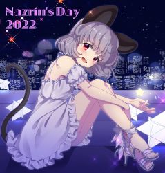 Rule 34 | 1girl, :d, animal ears, bad feet, building, city lights, diffraction spikes, dress, grey hair, highres, iris anemone, mouse ears, mouse tail, nazrin, night, night sky, open mouth, red eyes, sky, smile, solo, star (sky), starry sky, tail, touhou