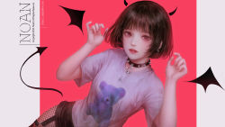 Rule 34 | 1girl, black hair, bob cut, breasts, collar, commentary, cowboy shot, demon girl, demon horns, demon tail, demon wings, drawn horns, drawn tail, drawn wings, dutch angle, ear piercing, earrings, fishnet legwear, fishnets, garter straps, grey background, hands up, highres, horns, jewelry, lip piercing, looking at viewer, making-of available, o-ring, original, parted lips, piercing, print shirt, red background, red eyes, shal.e, shirt, short hair, short sleeves, small breasts, solo, spiked collar, spikes, t-shirt, tail, two-tone background, watermark, web address, wings
