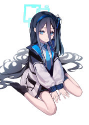Rule 34 | 1girl, absurdly long hair, absurdres, aris (blue archive), between legs, black socks, blue archive, blue eyes, blue hair, blue hairband, blue necktie, dark blue hair, full body, hair between eyes, hairband, halo, hand between legs, highres, jacket, long hair, long hair between eyes, looking at viewer, multicolored clothes, multicolored jacket, necktie, one side up, pleated skirt, shirt, sitting, skirt, socks, solo, very long hair, wariza, white shirt, yoon cook