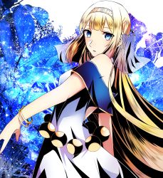 Rule 34 | 1girl, absurdres, blonde hair, blue eyes, blunt bangs, bracelet, divine gate, dress, floating hair, from side, highres, jewelry, long hair, looking at viewer, mady (madine08260), parted lips, sleeveless, sleeveless dress, solo, standing, very long hair, white dress