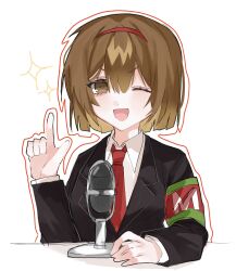 Rule 34 | 1girl, black jacket, brown eyes, brown hair, collared shirt, hairband, hand up, highres, index finger raised, jacket, limbus company, lobotomy corporation, long sleeves, looking at viewer, malkuth (project moon), microphone, mimingaminchi, necktie, open mouth, project moon, red hairband, red necktie, shirt, short hair, simple background, smile, solo, upper body, white background, white shirt, wing collar