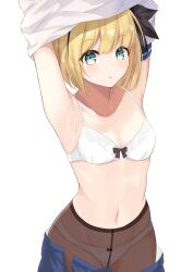 Rule 34 | 1girl, absurdres, armpits, arms up, black pantyhose, black ribbon, blonde hair, blue skirt, bob cut, bow, bow bra, bow panties, bra, breasts, clothes lift, clothes pull, cowboy shot, green eyes, hair ribbon, highres, lifted by self, looking at viewer, navel, open clothes, open skirt, original, panties, pantyhose, parted lips, pleated skirt, ribbon, salve (lindasakura), school uniform, shirt, shirt lift, short hair, simple background, skirt, skirt pull, small breasts, solo, standing, underwear, undressing, white background, white bra, white panties, white shirt