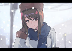 Rule 34 | 1girl, artist name, brown hair, coat, fur hat, girls und panzer, hat, highres, kimi tsuru, letterboxed, lips, mika (girls und panzer), outdoors, scarf, smile, snow, solo, swept bangs, upper body, winter clothes