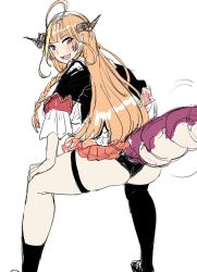 Rule 34 | 1girl, :d, ahoge, black jacket, black panties, black thighhighs, blush, bow, bow (bhp), braid, diagonal-striped bow, dragon horns, dragon tail, fang, from behind, hololive, horns, jacket, kiryu coco, kiryu coco (1st costume), long hair, looking at viewer, looking back, miniskirt, multicolored hair, open mouth, orange hair, panties, red skirt, side braid, single sock, single thighhigh, sketch, skin fang, skirt, smile, socks, solo, squatting, streaked hair, striped, tail, thigh strap, thighhighs, underwear, virtual youtuber
