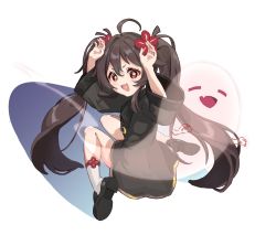 Rule 34 | 1girl, absurdres, aged down, ahoge, arms up, black footwear, black shirt, blush, brown hair, chinese clothes, commentary request, daikabocha, fang, flower, flower-shaped pupils, genshin impact, ghost, ghost pose, hair flower, hair ornament, highres, hu tao (genshin impact), kneehighs, long sleeves, looking at viewer, open mouth, red eyes, shirt, shoes, smile, socks, solo, symbol-shaped pupils, twintails, white socks