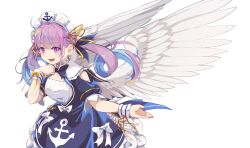 Rule 34 | 1girl, :d, anchor symbol, blue bow, blue dress, blue hair, blue ribbon, bow, breasts, choker, cleavage, clothing cutout, dress, feathered wings, frilled dress, frills, hair ribbon, hand up, highres, hololive, long hair, looking at viewer, maid headdress, medium breasts, minato aqua, minato aqua (1st costume), multicolored hair, open mouth, pink hair, print dress, puffy short sleeves, puffy sleeves, purple eyes, ribbon, short sleeves, shoulder cutout, simple background, smile, solo, twintails, two-tone hair, very long hair, virtual youtuber, white background, white bow, white choker, white wings, wings, wrist cuffs, xuu shi times, yellow ribbon