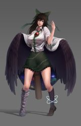 Rule 34 | 1girl, arm behind back, arm cannon, asymmetrical footwear, bird wings, black hair, black socks, black wings, blouse, bow, breasts, brown footwear, cape, full body, green bow, green skirt, hair bow, highres, kneehighs, large breasts, loafers, long hair, minami koyogi, mismatched footwear, parted lips, red eyes, reiuji utsuho, shirt, shoes, short sleeves, simple background, skirt, socks, solo, touhou, triangle, weapon, white shirt, wings