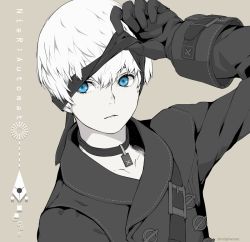 Rule 34 | 1boy, backpack, bag, black gloves, black jacket, black neckwear, blindfold, blindfold lift, blue eyes, buttons, choker, collarbone, copyright name, gloves, hair between eyes, hand up, jacket, long sleeves, male focus, mopiwo, nier:automata, nier (series), parted lips, short hair, simple background, spot color, strap, twitter username, upper body, white hair, 9s (nier:automata)