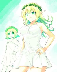 Rule 34 | 2girls, aged up, alternate breast size, arm at side, bare shoulders, breasts, commentary, dress, dual persona, flat chest, g-forest goddess (ishiyumi), gradient hair, green eyes, green hair, hand on own hip, highres, ishiyumi, laurel crown, long hair, multicolored hair, multiple girls, original, pointy ears, short dress, short hair, strapless, strapless dress, white dress
