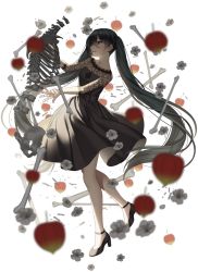 Rule 34 | 1girl, black dress, black footwear, blurry, blurry foreground, breasts, chinese lantern (plant), collarbone, commentary request, depth of field, dress, falling leaves, flower, from side, grey flower, hair between eyes, hatsune miku, high heels, jenevan, leaf, long hair, long sleeves, medium breasts, otome kaibou (vocaloid), parted lips, shoes, skeleton, skull, smile, solo, standing, very long hair, vocaloid, white background