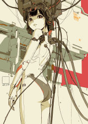 Rule 34 | 1girl, barcode, black hair, cable, cyborg, headgear, highres, joints, looking back, muted color, original, robot joints, science fiction, short hair, standing, subdermal port, tandi