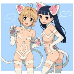 Rule 34 | 2girls, animal ears, animal hands, antenna hair, ass, black hair, blunt bangs, blush, breasts, brown hair, cardcaptor sakura, cat ears, cat tail, claws, cleavage, collarbone, cosplay, felicia, felicia (cosplay), felicia (vampire), flat chest, fur, green eyes, holding, kinomoto sakura, li meiling, long hair, looking at viewer, multiple girls, murderhouse, navel, open mouth, purple eyes, revealing clothes, short hair, simple background, small breasts, smile, tail, thighhighs, vampire (game), white background