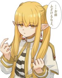 Rule 34 | 1girl, belt, blonde hair, capelet, commentary request, cosplay, dangle earrings, earrings, elf, frieren, frieren (cosplay), gold trim, hands up, highres, jewelry, long sleeves, orange eyes, parted lips, pointy ears, serie (sousou no frieren), shirt, simple background, solo, sousou no frieren, speech bubble, striped clothes, striped shirt, temtem onigiri, translation request, upper body, white background, white capelet