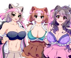 Rule 34 | 3girls, ahoge, animal ears, bare shoulders, bear ears, bear girl, bergman&#039;s bear (kemono friends), black bra, black hair, blush, bow, bra, breasts, brown eyes, brown hair, buttons, cleavage, closed mouth, collarbone, embarrassed, empty eyes, extra ears, ezo brown bear (kemono friends), frilled shirt, frills, furrowed brow, green bra, grey hair, hair bow, headband, highres, kemono friends, kodiak bear (kemono friends), large breasts, long hair, looking at viewer, mamiyama, multicolored hair, multiple girls, navel, open clothes, open mouth, open shirt, partially unbuttoned, purple bra, red eyes, shirt, side-by-side, simple background, skirt, sleeveless, sleeveless shirt, smile, stomach, strapless, strapless bra, toned, twintails, two-tone hair, unbuttoned, underwear, undressing, upper body, white background