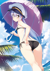 Rule 34 | 1girl, adjusting clothes, adjusting swimsuit, ass, beach, bikini, black bikini, day, dutch angle, feet out of frame, hat, highres, holding, holding umbrella, island (game), kuuchuu yousai, long hair, looking at viewer, looking back, official art, ohara rinne, outdoors, peaked cap, photoshop (medium), side-tie bikini bottom, silver hair, solo, swimsuit, umbrella, wading, water, yellow eyes