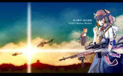 Rule 34 | 2girls, ah-1 cobra, aircraft, alice margatroid, battle rifle, bipod, blonde hair, blue eyes, capelet, doll, dress, envada, female focus, gloves, gradient background, gun, hairband, headset, helicopter, letterboxed, long hair, m14, multiple girls, nature, outdoors, plant, rifle, scope, shanghai doll, short hair, sky, sniper rifle, touhou, weapon