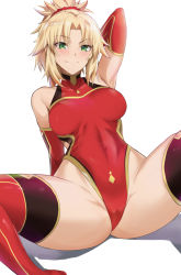 Rule 34 | 1girl, arm behind head, arm up, armpits, bare shoulders, blonde hair, blush, braid, breasts, covered navel, elbow gloves, fate/apocrypha, fate (series), french braid, gloves, green eyes, heattech leotard, highleg, highleg leotard, kumakichi (cost-lost), leaning back, leotard, long hair, looking at viewer, medium breasts, mordred (fate), mordred (fate/apocrypha), parted bangs, ponytail, red gloves, red leotard, red thighhighs, sidelocks, sitting, smile, solo, spread legs, thighhighs, thighs, turtleneck