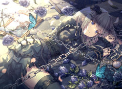 Rule 34 | 1girl, belt, black belt, black dress, black nails, black thighhighs, blue butterfly, blue eyes, blue flower, blue rose, broken glass, bug, butterfly, chain, commentary, dress, flower, glass, hair ornament, hairclip, highres, hirokazu (analysis-depth), insect, jewelry, layered sleeves, leaf, light blush, light particles, long hair, long sleeves, looking away, multiple rings, nail polish, original, parted lips, petals, picture frame, puffy short sleeves, puffy sleeves, ring, rose, short over long sleeves, short sleeves, silver hair, solo, sunlight, thighhighs