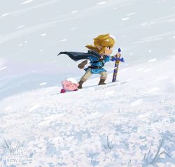 Rule 34 | 1boy, artist name, bettykwong, blue eyes, boots, cape, closed mouth, dated, closed eyes, floating cape, from side, kirby, link, looking ahead, master sword, nintendo, outdoors, signature, snow, snowing, snowstorm, sword, the legend of zelda, the legend of zelda: breath of the wild, tunic, walking, watermark, weapon, web address, wind, winter