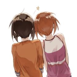 Rule 34 | 10s, 2girls, bad id, bad twitter id, brown hair, commentary, from behind, girls und panzer, leaning on person, leaning to the side, multiple girls, nishizumi maho, nishizumi miho, orange shirt, pink shirt, shirt, short hair, siblings, simple background, sisters, star (symbol), tank top, upper body, white background, aged down, yuuyu (777)