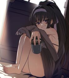 Rule 34 | 1girl, absurdres, armpit crease, bare shoulders, barefoot, bikini, black bikini, blue archive, blue eyes, blue hairband, blue ribbon, blush, cardigan, cup, feet, from side, grey cardigan, grin, hair intakes, hair ribbon, hairband, high ponytail, highres, holding, holding cup, ice, jiki (gkdlfnzo1245), knees up, legs together, long hair, looking at viewer, mug, off shoulder, official alternate costume, official alternate hairstyle, on floor, ribbon, ringed eyes, shadow, sidelocks, sitting, smile, soles together, solo, sweat, swimsuit, teeth, thighs, toes, ui (blue archive), ui (swimsuit) (blue archive), very long hair, wavy mouth