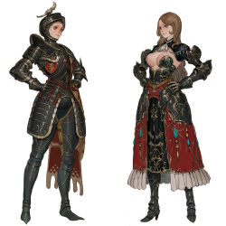 Rule 34 | 2girls, armor, armored boots, ascot, boots, breasts, brown hair, copyright request, full armor, full body, gauntlets, grey ascot, grey background, hands on own hips, helm, helmet, high heels, large breasts, long hair, looking at another, multiple girls, shoulder armor, simple background, smile, tahra, visor (armor)