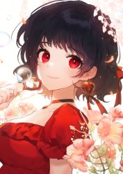 Rule 34 | 1girl, black hair, blush, choker, collarbone, dress, earrings, flower, frilled dress, frills, from side, heart, heart earrings, highres, jewelry, original, panprika, puffy short sleeves, puffy sleeves, red choker, red dress, red eyes, short hair, short sleeves, simple background, smile, solo, upper body, white background, white flower