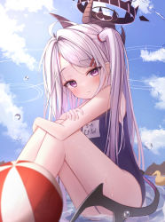 Rule 34 | 1girl, absurdres, ass, ball, beachball, blue archive, blue one-piece swimsuit, blue sky, blurry, blush, cloud, cloudy sky, commentary request, demon girl, demon horns, demon wings, depth of field, from side, hair ornament, hairclip, halo, head tilt, highres, hina (blue archive), hina (swimsuit) (blue archive), horns, hugging own legs, in water, long hair, looking at viewer, looking to the side, mountainous horizon, multiple horns, name tag, ocean, old school swimsuit, one-piece swimsuit, one side up, parted bangs, pu lona, purple eyes, resolution mismatch, rubber duck, school swimsuit, sidelocks, sitting, sky, sleeveless, solo, source smaller, sunlight, swimsuit, translation request, wet, wet clothes, wet swimsuit, white hair, wings