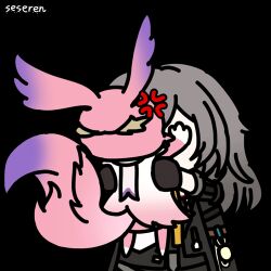 1girl anger_vein animal animated animated_gif artist_name black_jacket brown_hair chibi fox holding holding_animal honkai:_star_rail honkai_(series) jacket lowres mem_(honkai:_star_rail) pink_fur seseren stelle_(honkai:_star_rail) trailblazer_(honkai:_star_rail) white_background