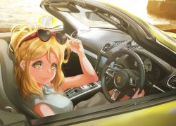 Rule 34 | 1girl, absurdres, artist name, artist request, bare shoulders, blonde hair, blush, braid, breasts, brown eyes, car, crown braid, female focus, glasses, glasses on head, green eyes, hair rings, highres, holding glasses, looking at viewer, love live!, love live! school idol festival, love live! school idol festival all stars, love live! sunshine!!, medium breasts, motor vehicle, ohara mari, outdoors, parted lips, porsche, seatbelt, shirt, short hair, sitting, skirt, smile, solo, white shirt, white skirt, yellow eyes