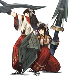 Rule 34 | 2girls, :d, black gloves, black hair, blunt bangs, brown eyes, closed mouth, commentary request, fewer digits, full body, gloves, hair ornament, highres, hinoa, holding, holding shield, holding weapon, japanese clothes, korean commentary, long hair, long skirt, looking at viewer, minoto, monster hunter (series), monster hunter rise, multiple girls, open mouth, pointy ears, red skirt, shield, siblings, sidelocks, simple background, sisters, skirt, smile, sookmo, standing, twins, weapon, white background