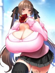 Rule 34 | 1girl, artist name, bare shoulders, black skirt, black thighhighs, blurry, blurry background, blush, breasts, brown hair, cleavage, cloud, day, dot nose, eyelashes, female focus, gift, gigantic breasts, holding, holding gift, kisuke i, long hair, looking at viewer, miniskirt, outdoors, pink shirt, puffy sleeves, red eyes, shiny skin, shirt, skindentation, skirt, sky, solo, standing, thick thighs, thighhighs, thighs, twintails, valentine, wide hips, zettai ryouiki