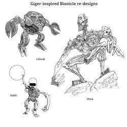 Rule 34 | ball, bionicle, bohrok (bionicle), cable, character name, drill, h.r. giger (style), hahli (bionicle), highres, holding, holding ball, humanoid robot, lehvak (bionicle), long fingers, mantleheart, non-humanoid robot, onua (bionicle), robot, simple background, smile, squatting, the lego group, white background