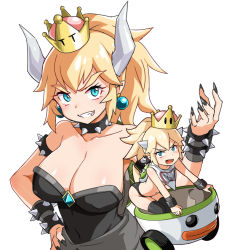 Rule 34 | 2girls, bare shoulders, black panties, blonde hair, blue eyes, bowsette, bowsette jr., bracelet, breasts, car, cleavage, collar, collarbone, commentary request, crown, dress, earrings, fang, flat chest, hair between eyes, horns, jewelry, large breasts, looking at viewer, mario (series), motor vehicle, multiple girls, new super mario bros. u deluxe, nintendo, open mouth, panties, pointy ears, ponytail, sharp teeth, simple background, smile, spiked bracelet, spiked collar, spikes, super crown, teeth, underwear, white background, zaxwu