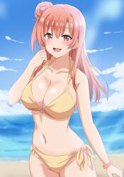 Rule 34 | 1girl, :d, arm at side, arms up, beach, bikini, blue sky, blush, breasts, cleavage, cloud, collarbone, commentary request, dars (recolors), day, hair between eyes, hair bun, halterneck, hand up, highres, horizon, large breasts, long hair, looking at viewer, navel, o-ring, o-ring top, ocean, open mouth, outdoors, pink eyes, pink hair, scrunchie, side-tie bikini bottom, single hair bun, sky, smile, solo, standing, stomach, sunlight, swimsuit, teeth, upper teeth only, wrist scrunchie, yahari ore no seishun lovecome wa machigatteiru., yellow bikini, yuigahama yui