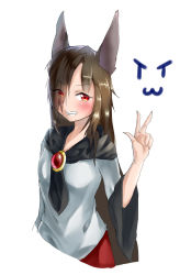 Rule 34 | &gt;:), 1girl, animal ears, bad id, bad pixiv id, blush, brooch, brown hair, dress, fingernails, hair over one eye, imaizumi kagerou, jewelry, long hair, long sleeves, looking at viewer, red eyes, simple background, smile, solo, tosuta, touhou, v-shaped eyebrows, white background, wolf ears