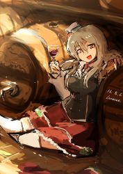 Rule 34 | 10s, 1girl, alcohol, artist name, barrel, breasts, brown eyes, brown hair, cup, dated, drinking glass, hat, kantai collection, lansane, long hair, mini hat, on floor, open mouth, pola (kancolle), red skirt, skirt, smile, solo, thighhighs, wavy hair, white thighhighs, wine, wine glass
