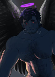 Rule 34 | 1boy, abs, bad id, bad pixiv id, bara, beard, blush, chest hair, completely nude, facial hair, feathered wings, hairy, halo, highres, large pectorals, male focus, male pubic hair, mature male, muscular, muscular male, navel, navel hair, nether angel (housamo), no nipples, nude, pectorals, pubic hair, shinonome kaikou, short hair, sideburns, solo, stomach, stubble, tokyo houkago summoners, wings
