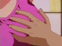 Rule 34 | 1990s (style), 1girl, animated, animated gif, breasts, burn-up, burn-up excess, female focus, grabbing, grabbing another&#039;s breast, green hair, groping, jinguu maya, large breasts, retro artstyle, solo focus, staring