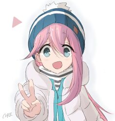 Rule 34 | 1girl, :d, beanie, blue eyes, blue hat, blue jacket, core (mayomayo), dot nose, down jacket, hair between eyes, hat, highres, hood, hood down, hooded jacket, jacket, kagamihara nadeshiko, layered clothes, long hair, looking at viewer, open clothes, open jacket, open mouth, outstretched arm, pink hair, shirt, sidelocks, signature, simple background, smile, solo, straight-on, upper body, v, white background, white jacket, white shirt, yurucamp