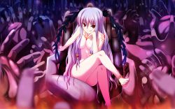 Rule 34 | 1girl, barefoot, character request, collarbone, female focus, game cg, hair ornament, leaf, long hair, looking at viewer, marginal skip, nude, pink hair, red eyes, solo, straight hair, tattoo