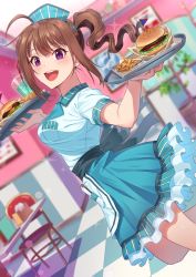 Rule 34 | 1girl, ahoge, apron, blue shirt, blue skirt, breast pocket, brown hair, burger, chair, collared shirt, cup, drink, drinking glass, food, french fries, frilled skirt, frills, ice, ice cube, idolmaster, idolmaster million live!, indoors, kamille (vcx68), long hair, looking at viewer, open mouth, pocket, purple eyes, shirt, short sleeves, side ponytail, skirt, smile, solo, table, tray, waist apron, waitress, yokoyama nao